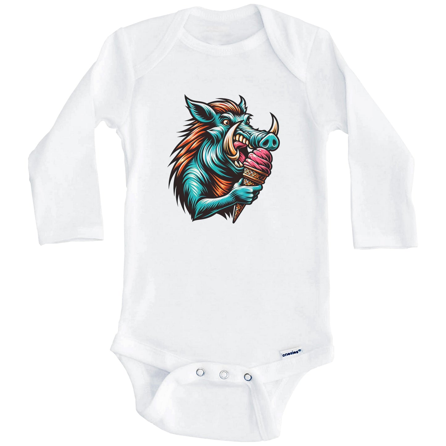 Warthog Eating Ice Cream Funny Cartoon Summer Wild Hog Baby Bodysuit (Long Sleeves)