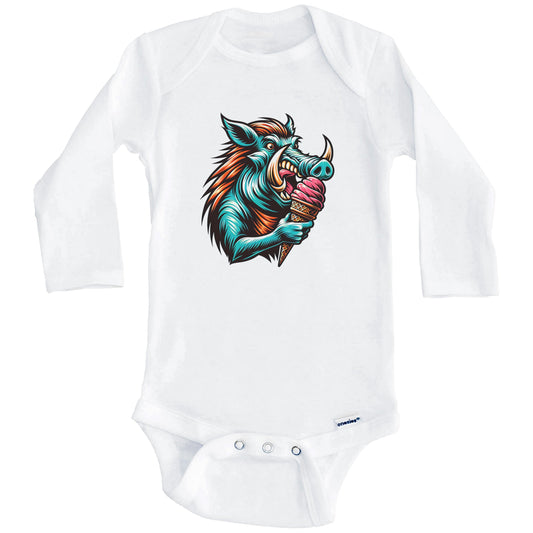 Warthog Eating Ice Cream Funny Cartoon Summer Wild Hog Baby Bodysuit (Long Sleeves)