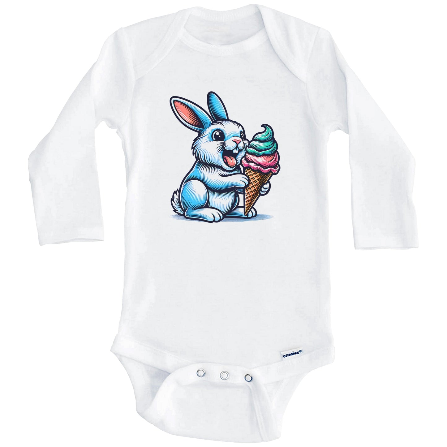 Rabbit Eating Ice Cream Funny Cartoon Summer Bunny Baby Bodysuit (Long Sleeves)