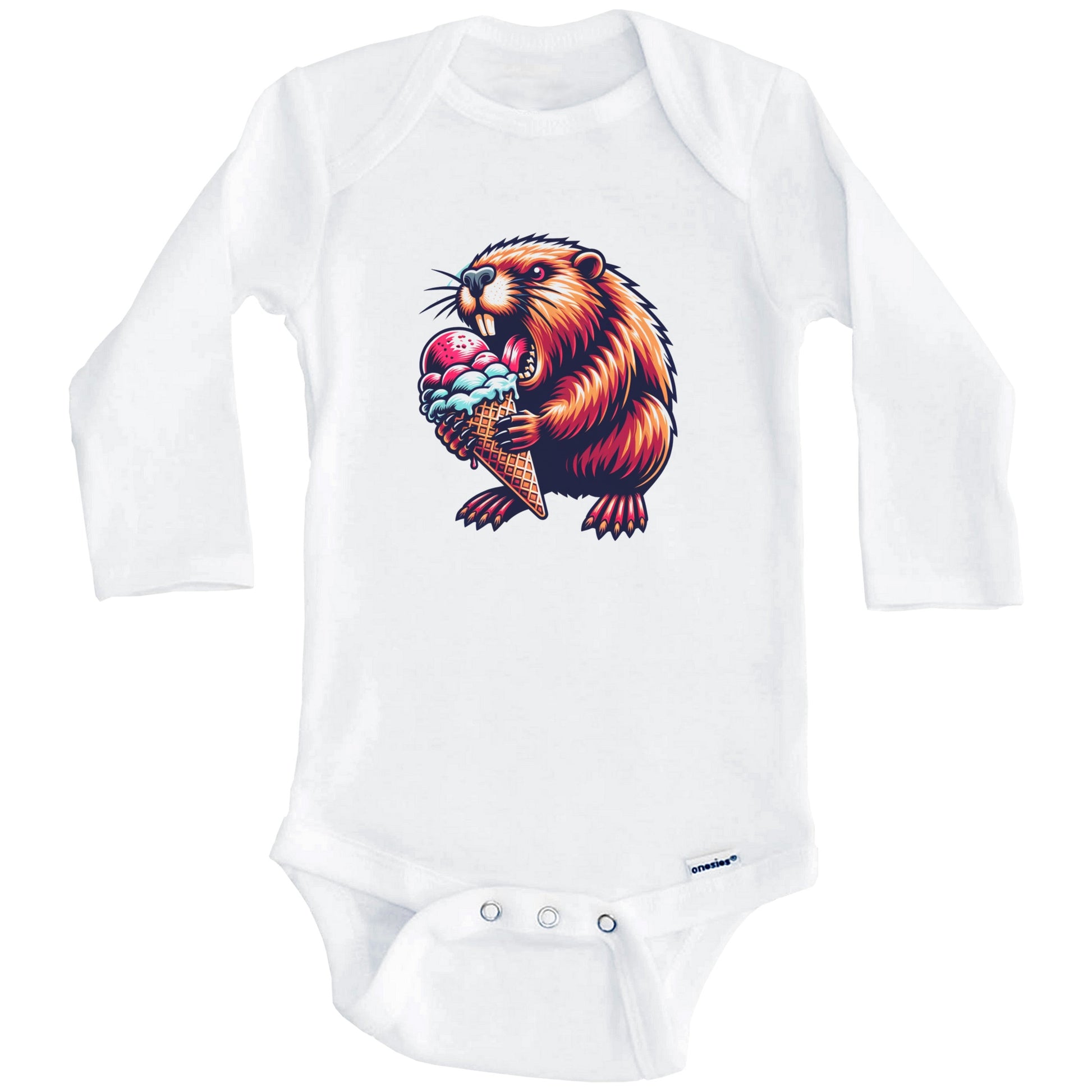 Beaver Eating Ice Cream Funny Cartoon Summer Baby Bodysuit (Long Sleeves)
