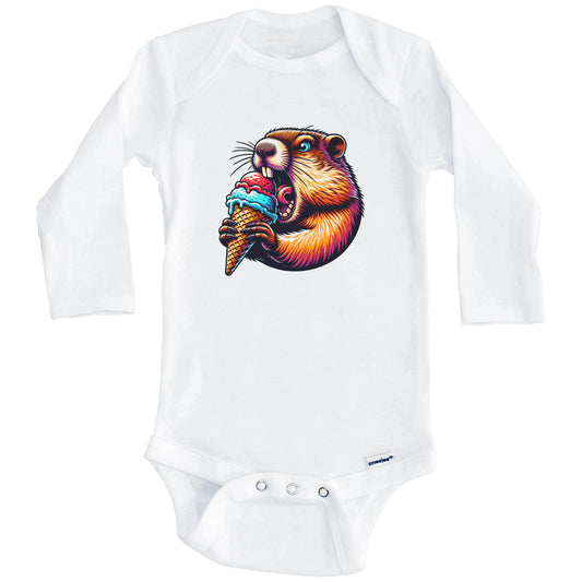 Groundhog Eating Ice Cream Funny Cartoon Summer Baby Bodysuit (Long Sleeves)