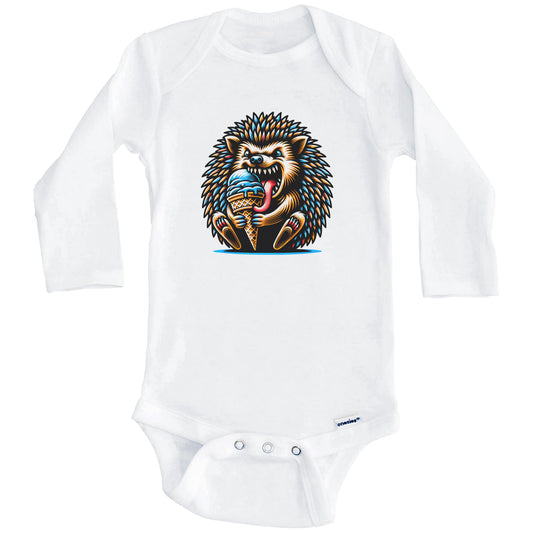 Hedgehog Eating Ice Cream Funny Cartoon Summer Baby Bodysuit (Long Sleeves)