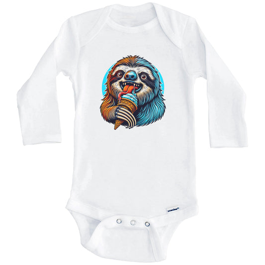 Sloth Eating Ice Cream Funny Cartoon Summer Baby Bodysuit (Long Sleeves)