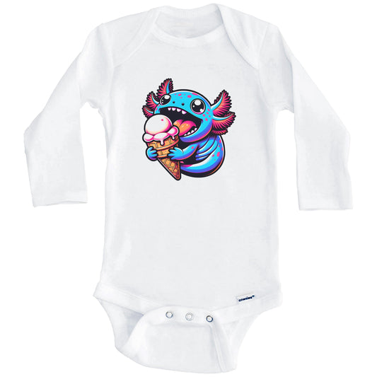 Blue Axolotl Eating Ice Cream Funny Cartoon Summer Baby Bodysuit (Long Sleeves)