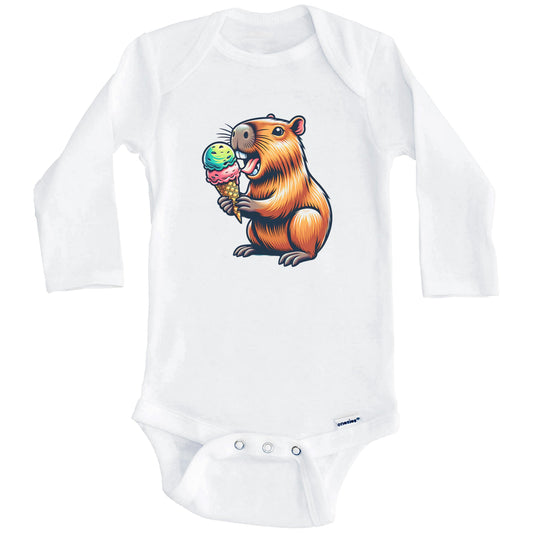 Capybara Eating Ice Cream Funny Cartoon Summer Baby Bodysuit (Long Sleeves)