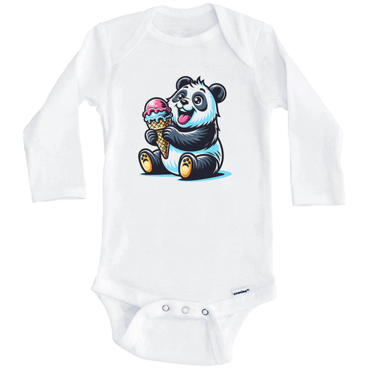 Panda Eating Ice Cream Funny Cartoon Summer Baby Bodysuit (Long Sleeves)