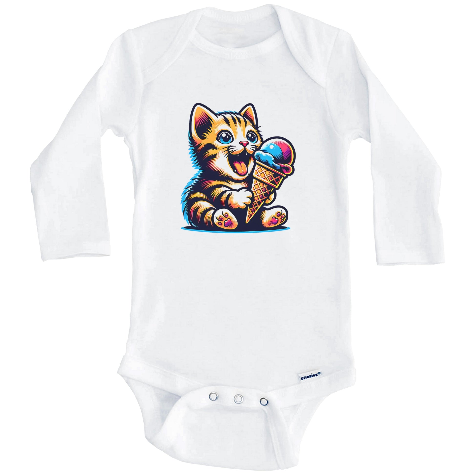 Kitten Eating Ice Cream Funny Cartoon Summer Cat Baby Bodysuit (Long Sleeves)