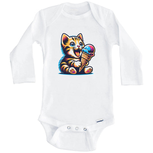 Kitten Eating Ice Cream Funny Cartoon Summer Cat Baby Bodysuit (Long Sleeves)