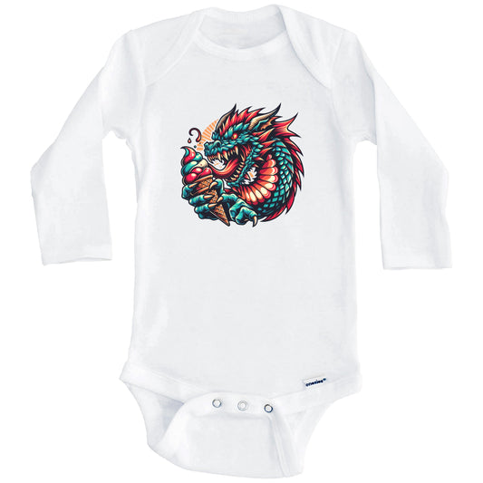 Dragon Eating Ice Cream Funny Cartoon Summer Baby Bodysuit (Long Sleeves)