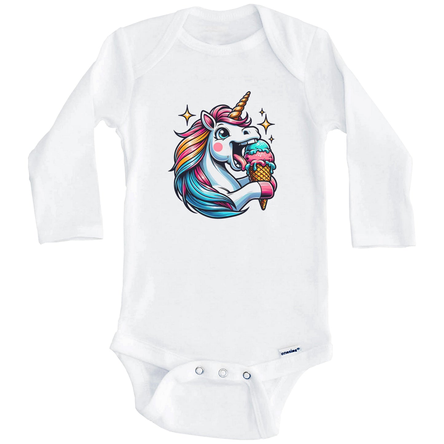 Unicorn Eating Ice Cream Funny Cartoon Summer Baby Bodysuit (Long Sleeves)
