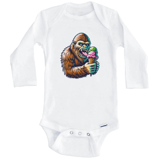 Bigfoot Eating Ice Cream Funny Cartoon Summer Sasquatch Baby Bodysuit (Long Sleeves)