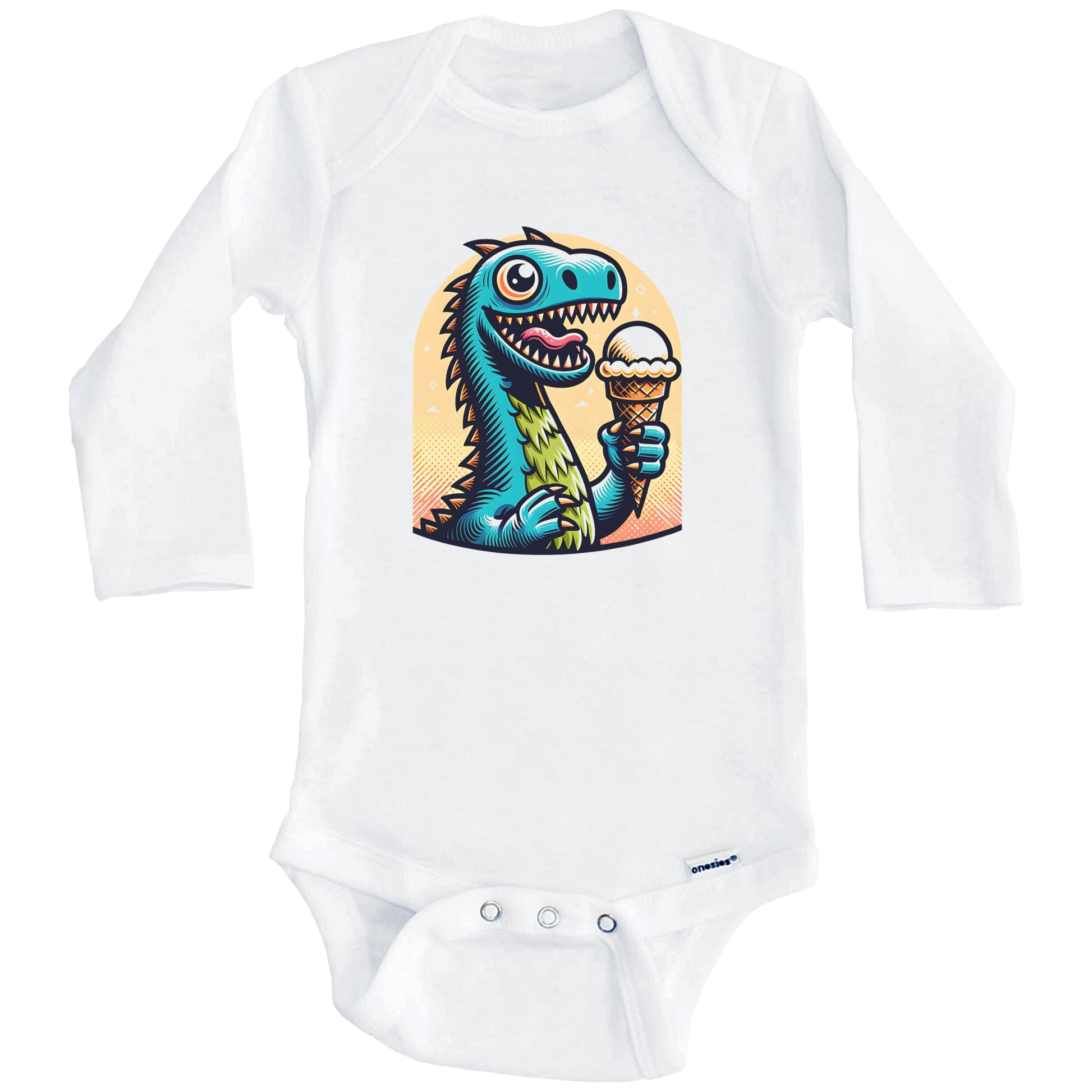 Loch Ness Monster Eating Ice Cream Funny Cartoon Summer Baby Bodysuit (Long Sleeves)