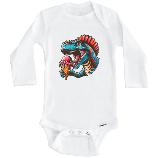 Spinosaurus Eating Ice Cream Funny Cartoon Summer Dinosaur Baby Bodysuit (Long Sleeves)