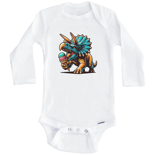 Triceratops Eating Ice Cream Funny Cartoon Summer Dinosaur Baby Bodysuit (Long Sleeves)