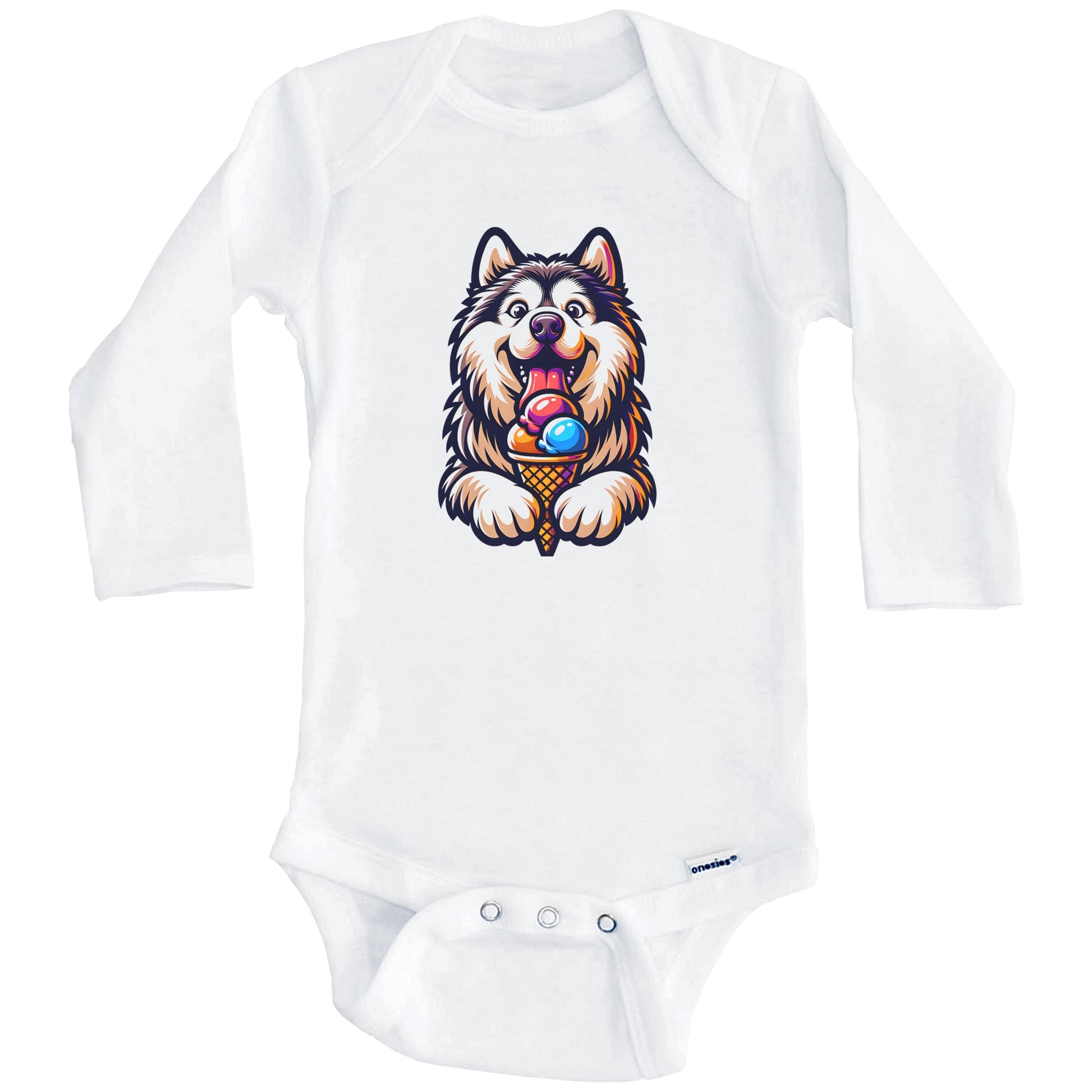 Alaskan Malamute Eating Ice Cream Cone Cute Dog Baby Bodysuit (Long Sleeves)