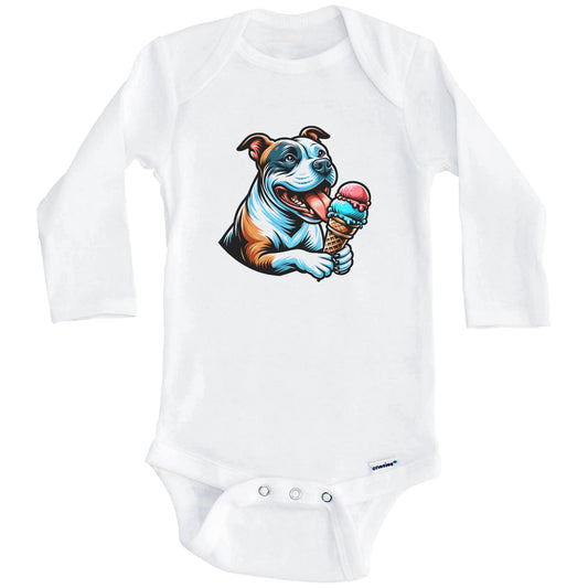 American Staffordshire Terrier Eating Ice Cream Cone Cute Baby Bodysuit (Long Sleeves)