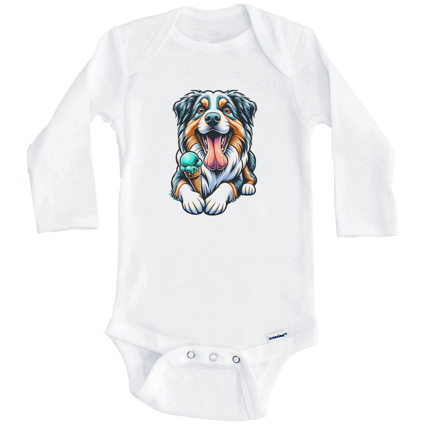 Australian Shepherd Eating Ice Cream Cone Cute Dog Baby Bodysuit (Long Sleeves)