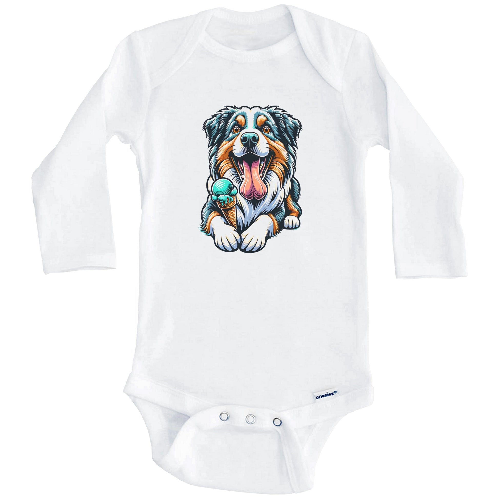Australian Shepherd Eating Ice Cream Cone Cute Dog Baby Bodysuit (Long Sleeves)