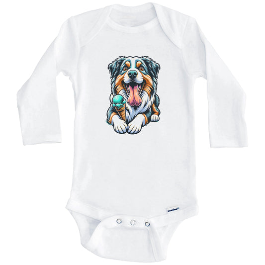 Australian Shepherd Eating Ice Cream Cone Cute Dog Baby Bodysuit (Long Sleeves)