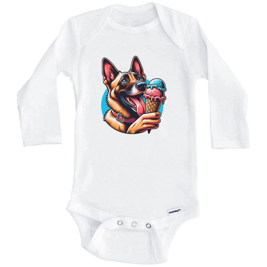 Belgian Malinois Eating Ice Cream Cone Cute Dog Baby Bodysuit (Long Sleeves)
