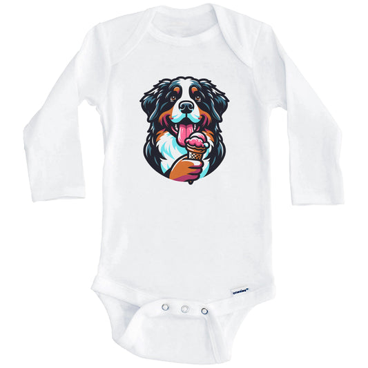 Bernese Mountain Dog Eating Ice Cream Cone Cute Dog Baby Bodysuit (Long Sleeves)