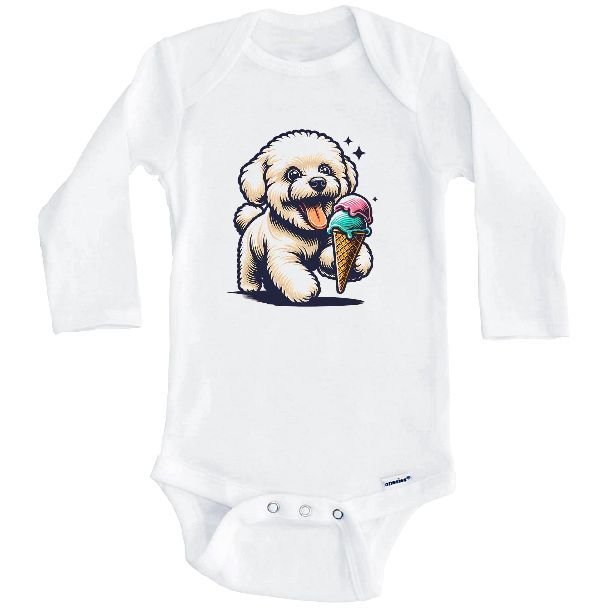 Bichon Frise Eating Ice Cream Cone Cute Dog Baby Bodysuit (Long Sleeves)