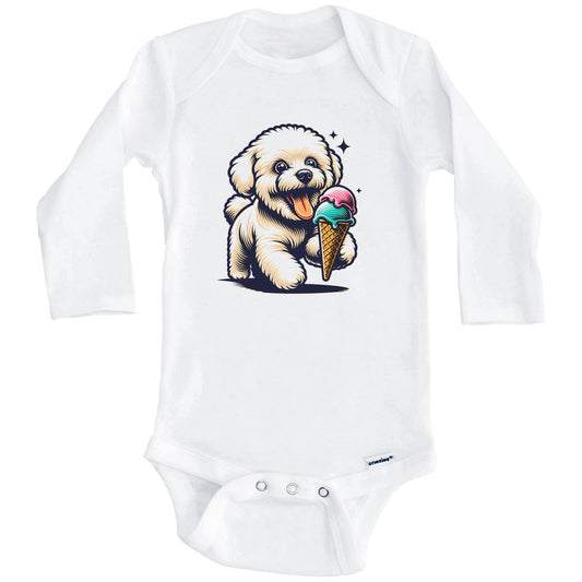Bichon Frise Eating Ice Cream Cone Cute Dog Baby Bodysuit (Long Sleeves)
