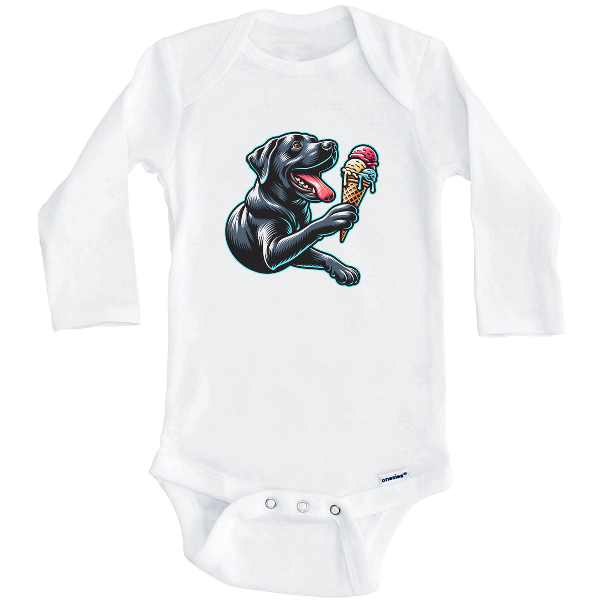 Black Lab Eating Ice Cream Cone Cute Dog Baby Bodysuit (Long Sleeves)