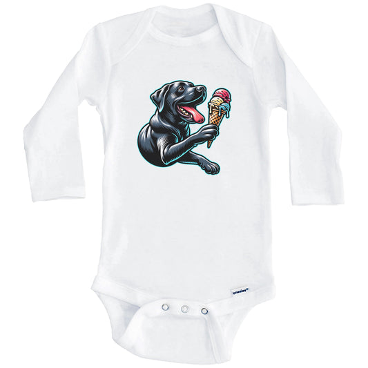 Black Lab Eating Ice Cream Cone Cute Dog Baby Bodysuit (Long Sleeves)