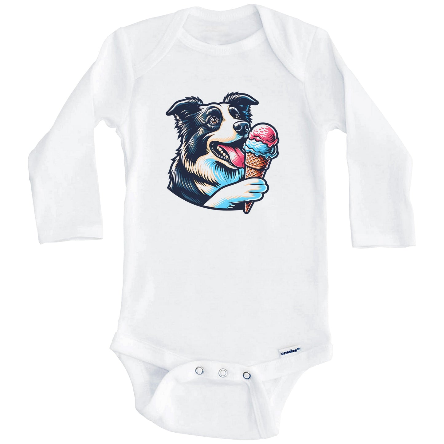 Border Collie Eating Ice Cream Cone Cute Dog Baby Bodysuit (Long Sleeves)