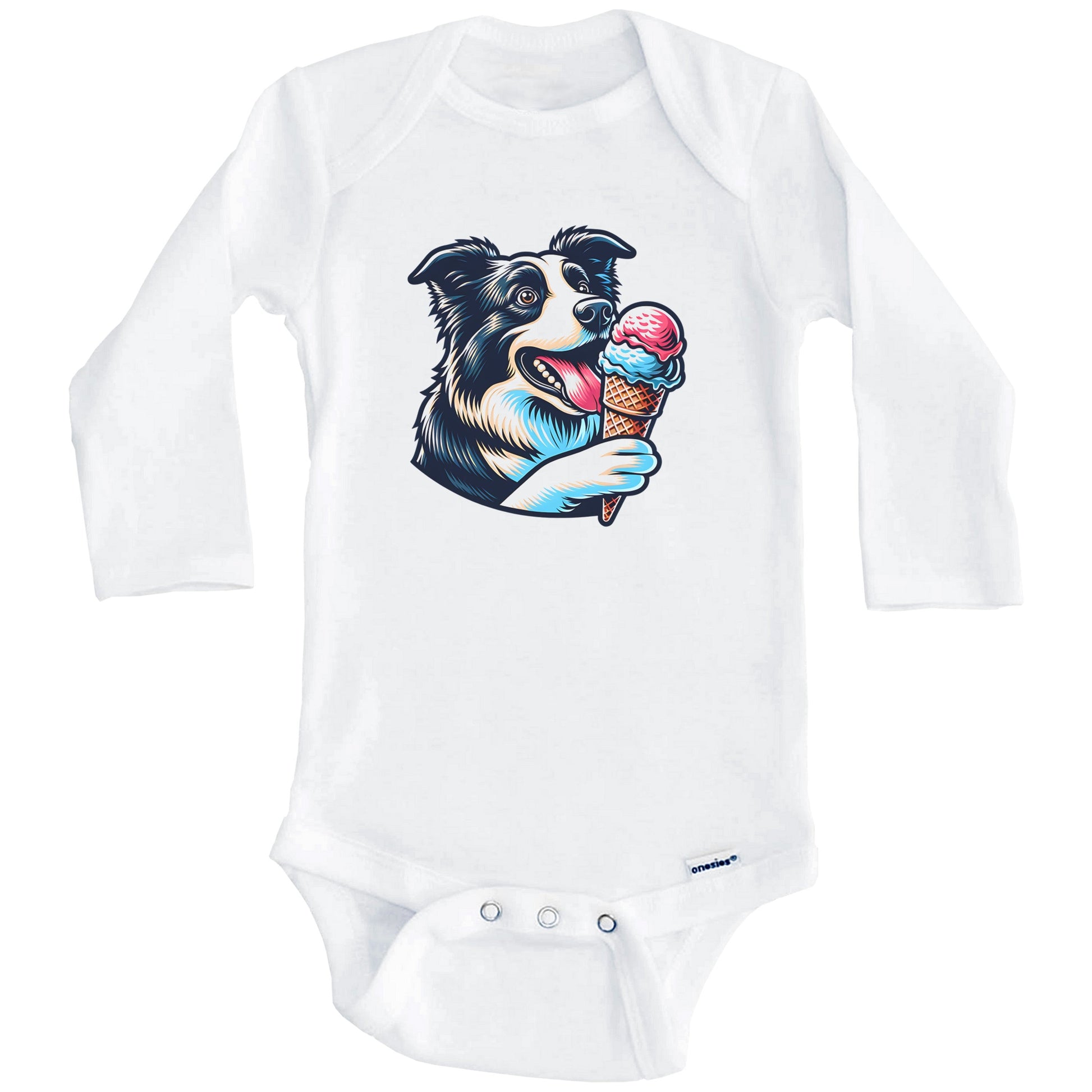 Border Collie Eating Ice Cream Cone Cute Dog Baby Bodysuit (Long Sleeves)
