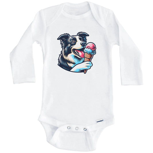 Border Collie Eating Ice Cream Cone Cute Dog Baby Bodysuit (Long Sleeves)
