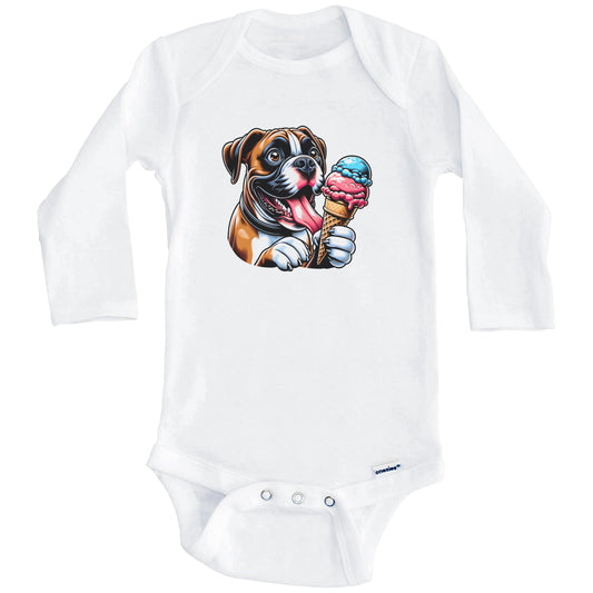 Boxer Eating Ice Cream Cone Cute Dog Baby Bodysuit (Long Sleeves)