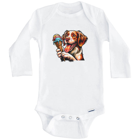 Brittany Eating Ice Cream Cone Cute Dog Baby Bodysuit (Long Sleeves)