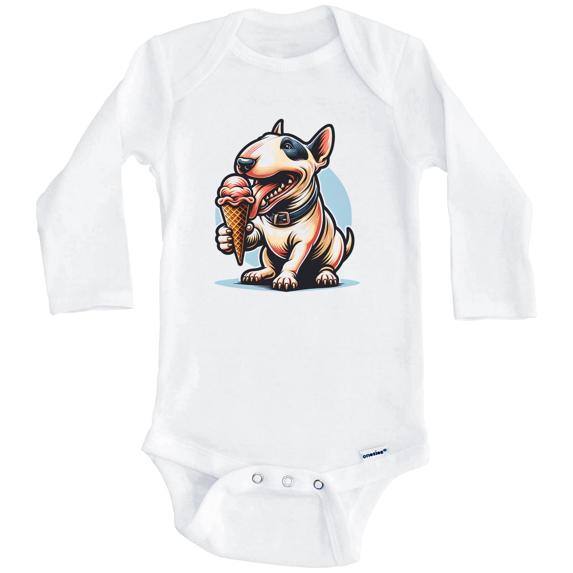 Bull Terrier Eating Ice Cream Cone Cute Dog Baby Bodysuit (Long Sleeves)
