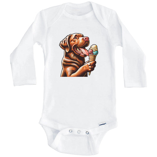 Chesapeake Bay Retriever Eating Ice Cream Cone Cute Dog Baby Bodysuit (Long Sleeves)
