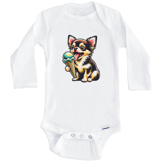 Chihuahua Eating Ice Cream Cone Cute Dog Baby Bodysuit (Long Sleeves)
