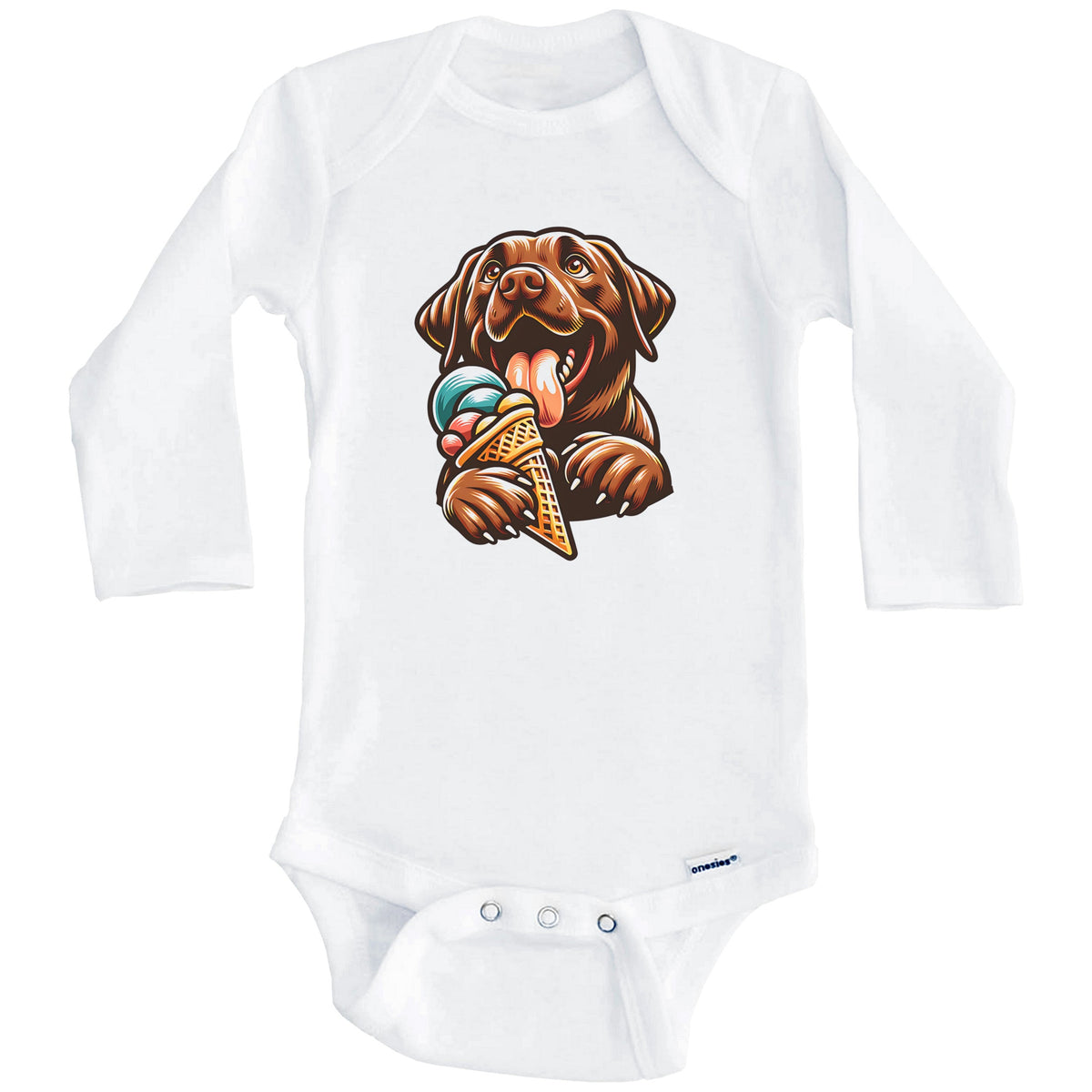 Chocolate Lab Eating Ice Cream Cone Cute Dog Baby Bodysuit (Long Sleeves)