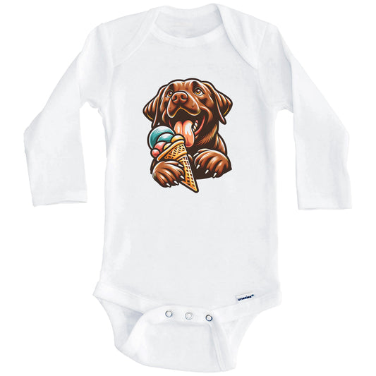 Chocolate Lab Eating Ice Cream Cone Cute Dog Baby Bodysuit (Long Sleeves)