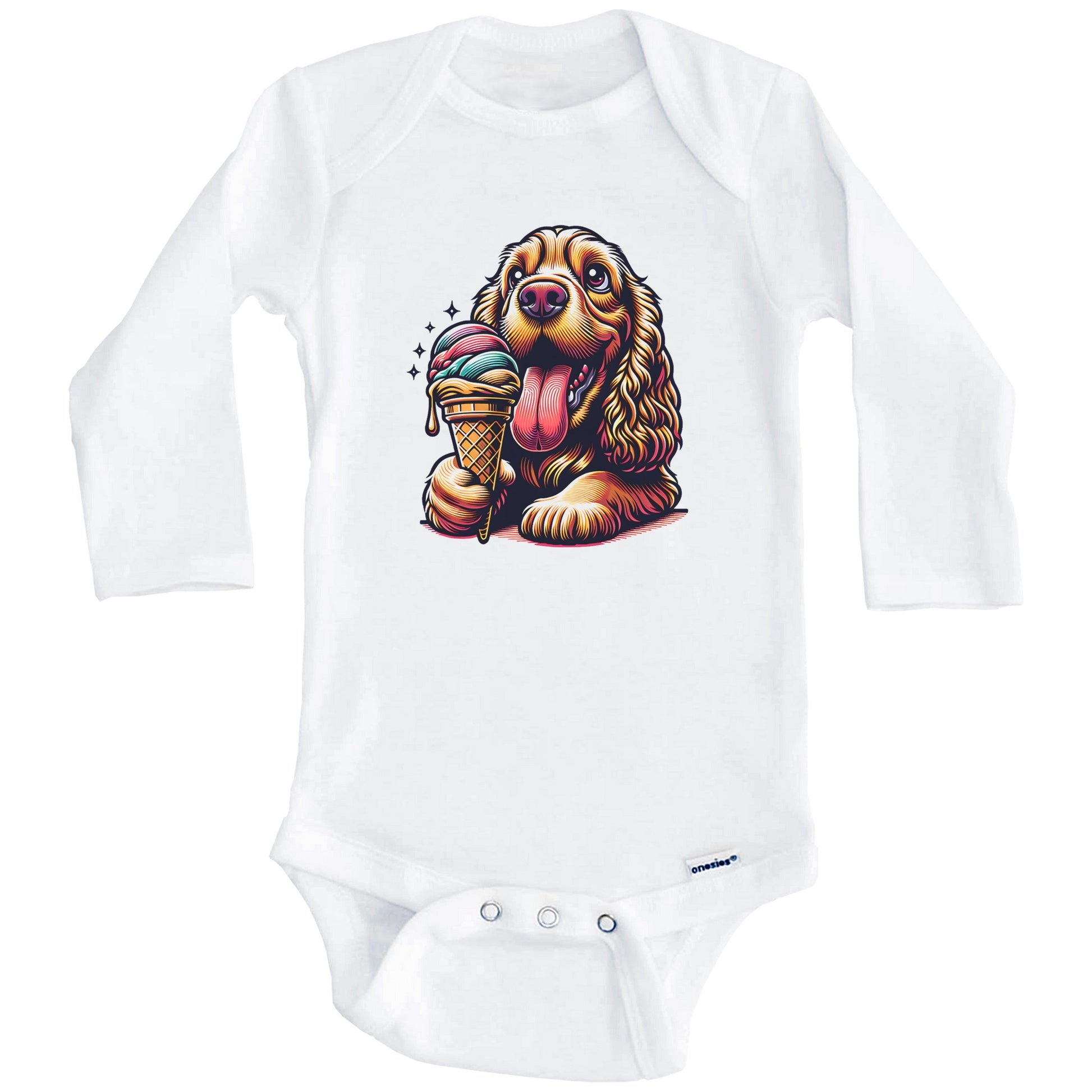 Cocker Spaniel Eating Ice Cream Cone Cute Dog Baby Bodysuit (Long Sleeves)