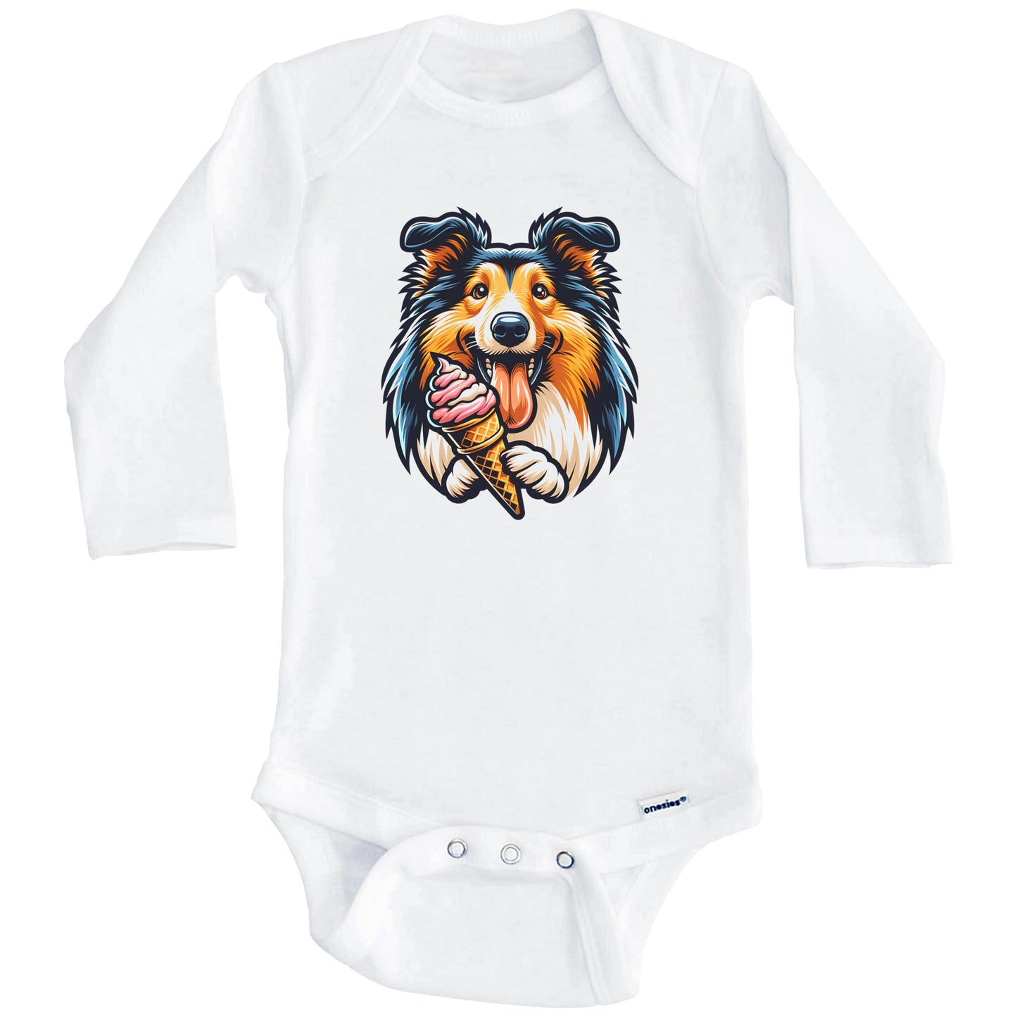 Collie Eating Ice Cream Cone Cute Dog Baby Bodysuit (Long Sleeves)