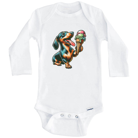 Dachshund Eating Ice Cream Cone Cute Dog Baby Bodysuit (Long Sleeves)