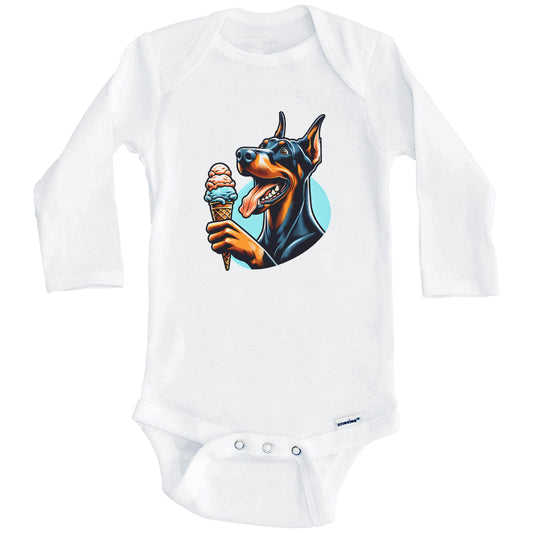Doberman Eating Ice Cream Cone Cute Dog Baby Bodysuit (Long Sleeves)