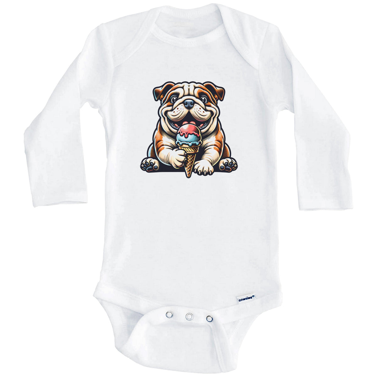 English Bulldog Eating Ice Cream Cone Cute Dog Baby Bodysuit (Long Sleeves)