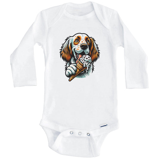 English Setter Eating Ice Cream Cone Cute Dog Baby Bodysuit (Long Sleeves)