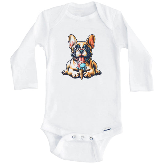 French Bulldog Eating Ice Cream Cone Cute Dog Baby Bodysuit (Long Sleeves)