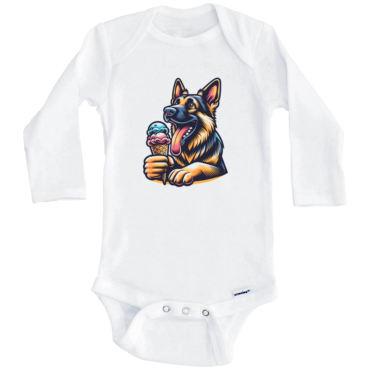 German Shepherd Eating Ice Cream Cone Cute Dog Baby Bodysuit (Long Sleeves)