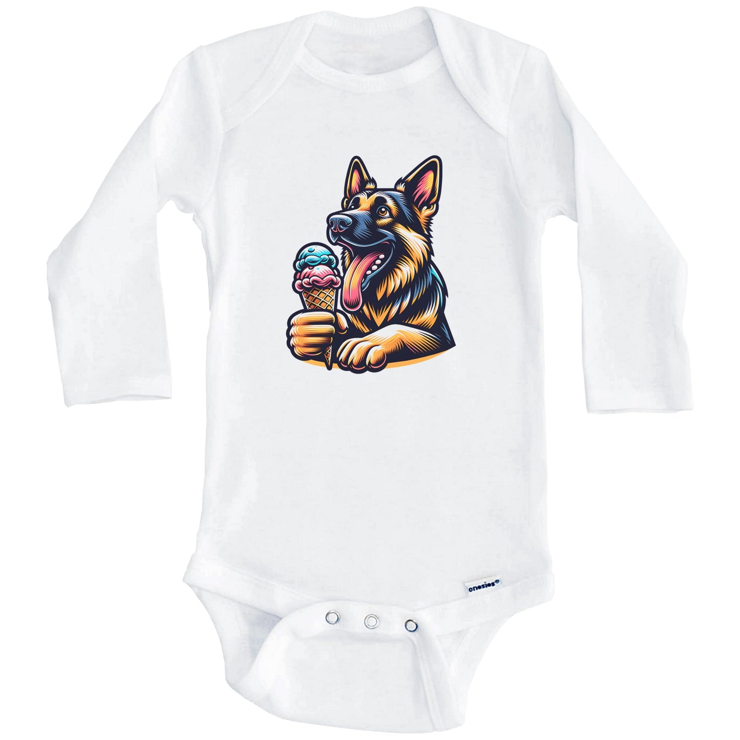 German Shepherd Eating Ice Cream Cone Cute Dog Baby Bodysuit (Long Sleeves)