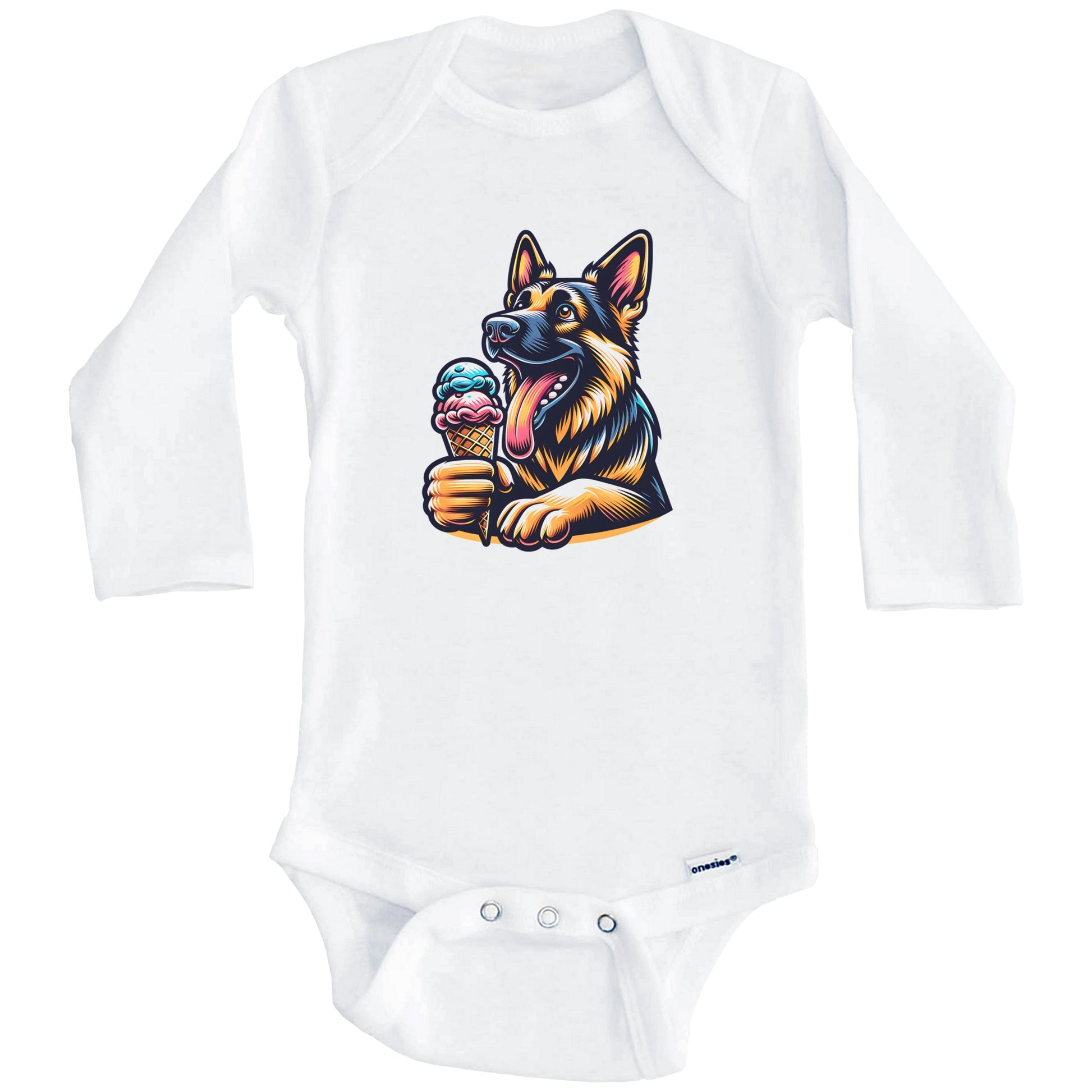 German Shepherd Eating Ice Cream Cone Cute Dog Baby Bodysuit (Long Sleeves)