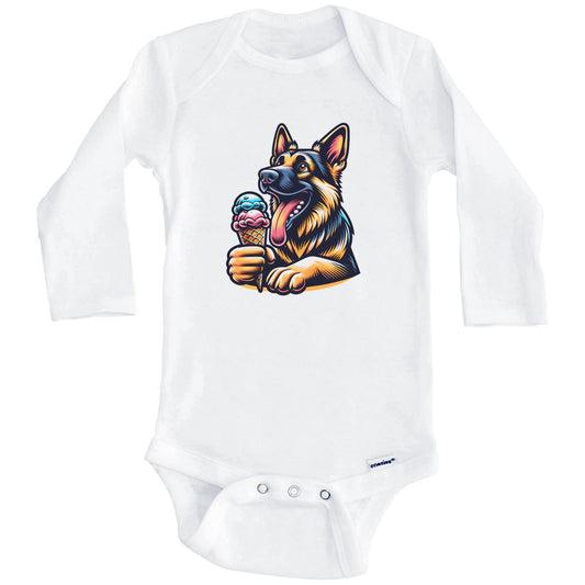 German Shepherd Eating Ice Cream Cone Cute Dog Baby Bodysuit (Long Sleeves)